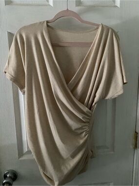 SHEIN Cream Draped Surplice Short Sleeve Blouse